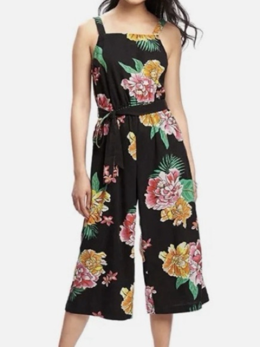 Old Navy Square Neck Linen-Blend Cropped Wide Leg Jumpsuit in Black Floral